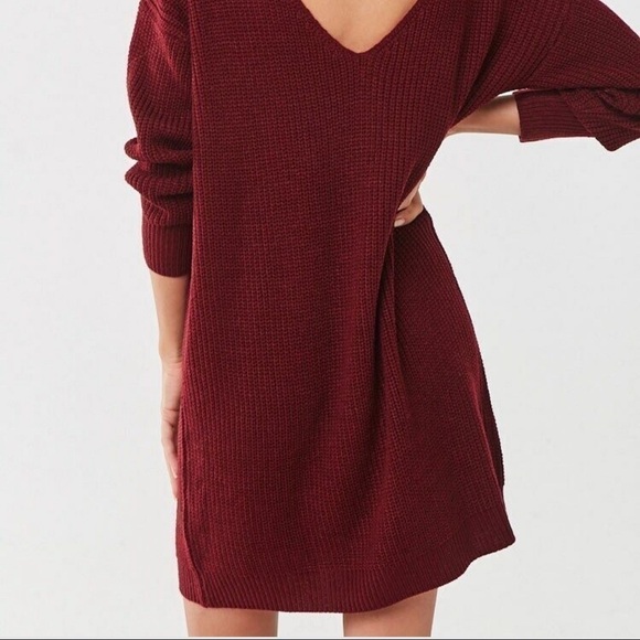 NEW-VINE & Love Back Cutout  Burgundy Ribbed Knit Sweater Mini Dress Size Large - Picture 5 of 9